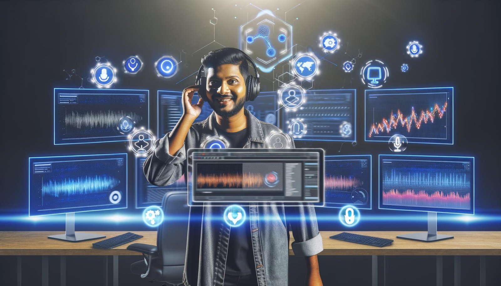 Futuristischer Arbeitsplatz mit digitalen Dashboards, Marketer mit Kopfhörern am Mikrofon, und Symbolen für Automation und Tracking.
