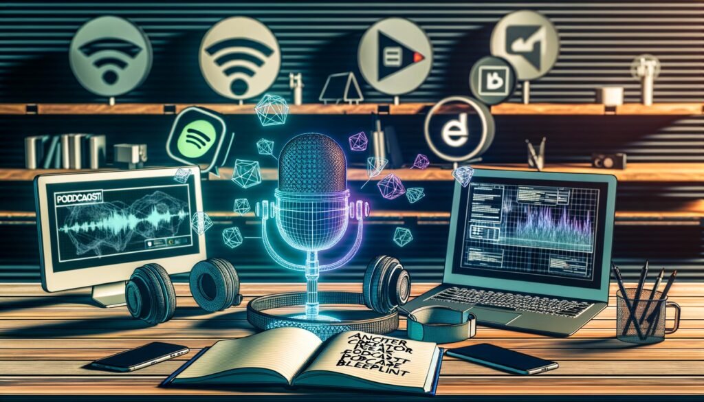 Futuristisches Podcast-Studio mit Mikrofon, Laptops, Kopfhörern, Social Media Icons und Blueprint-Skizze für die Creator Economy.