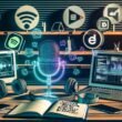 Futuristisches Podcast-Studio mit Mikrofon, Laptops, Kopfhörern, Social Media Icons und Blueprint-Skizze für die Creator Economy.