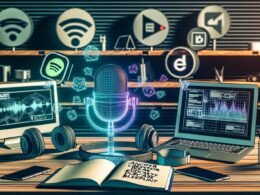 Futuristisches Podcast-Studio mit Mikrofon, Laptops, Kopfhörern, Social Media Icons und Blueprint-Skizze für die Creator Economy.