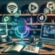 Futuristisches Podcast-Studio mit Mikrofon, Laptops, Kopfhörern, Social Media Icons und Blueprint-Skizze für die Creator Economy.