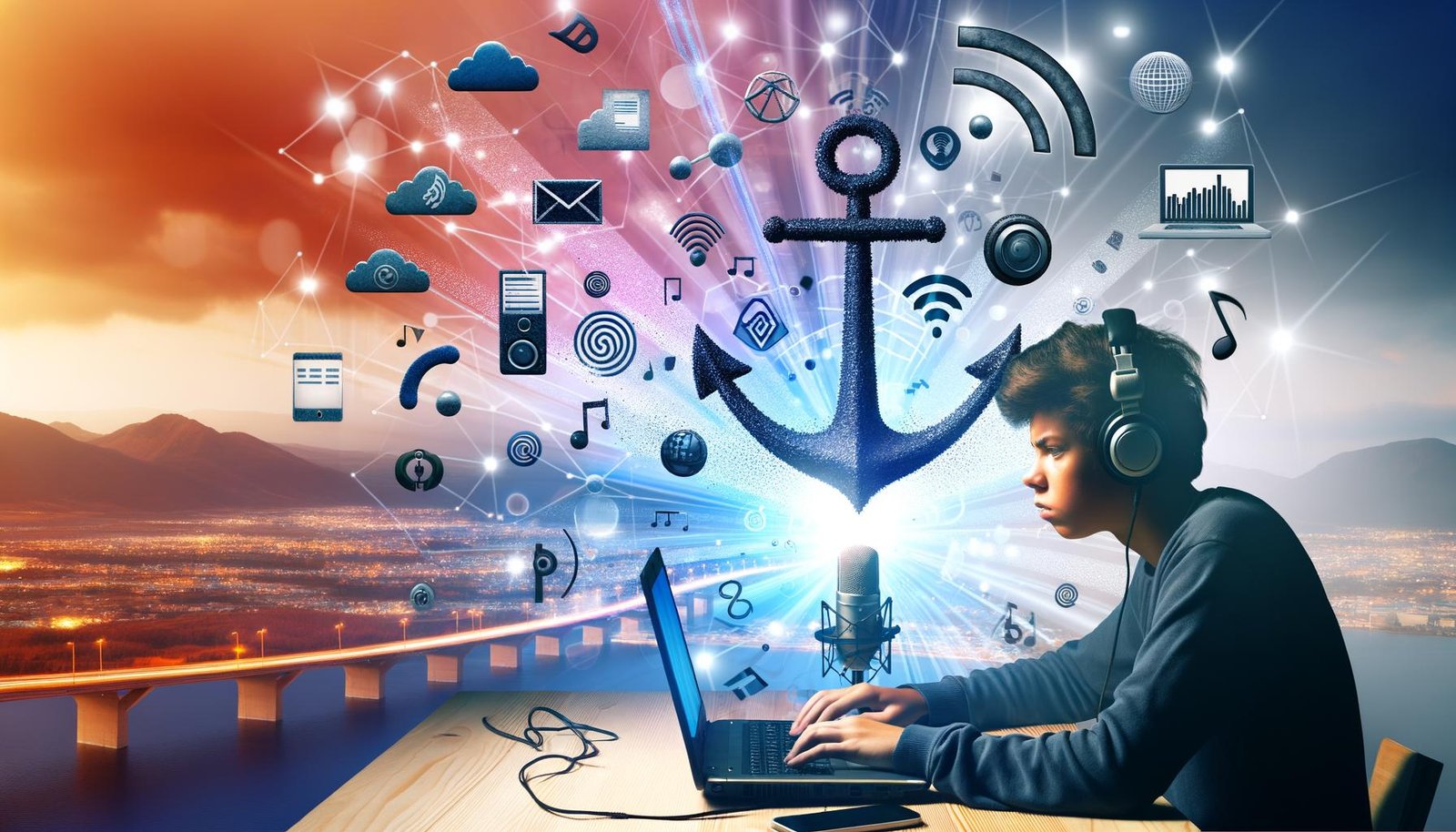 Junger Podcaster mit Kopfhörer und Mikrofon im Heimstudio, umgeben von schwebenden Icons wie Anchor, RSS, Social Media und Analytics-Grafiken, vor einer digital dominierten Szenerie mit verblasster klassischer Medienlandschaft.