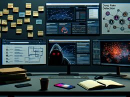 Tech-lastiger Nachtarbeitsplatz mit Monitoren, Notizbüchern, Smartphone mit Instagram-Dashboard, Kaffee, Post-its zu Sentiment Analysis und Deepfake-Analyse.