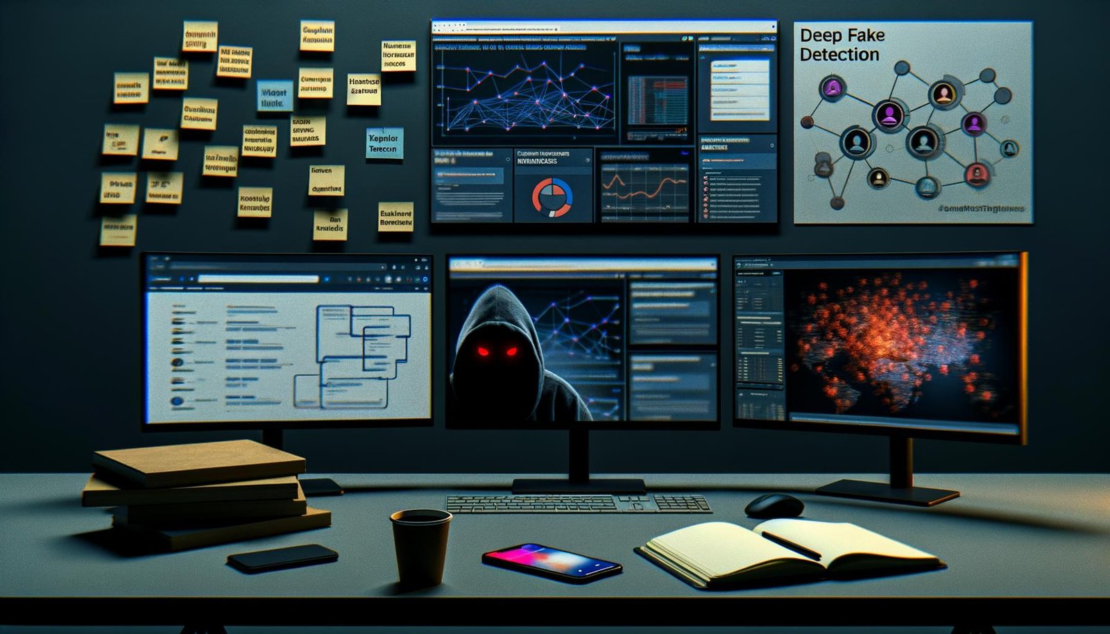 Tech-lastiger Nachtarbeitsplatz mit Monitoren, Notizbüchern, Smartphone mit Instagram-Dashboard, Kaffee, Post-its zu Sentiment Analysis und Deepfake-Analyse.