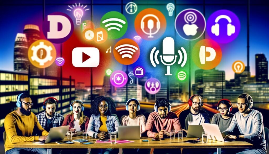 Titelbild mit diversen jungen Digital-Creator an einem Tisch mit moderner Podcast-Ausrüstung, umgeben von Icons führender Podcast-Plattformen und dem Text ‚Podcast-Strategie 2025: SEO, Sichtbarkeit & Wachstum‘ im energiegeladenen Urban-Stil.