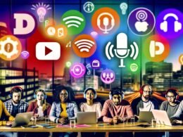 Titelbild mit diversen jungen Digital-Creator an einem Tisch mit moderner Podcast-Ausrüstung, umgeben von Icons führender Podcast-Plattformen und dem Text ‚Podcast-Strategie 2025: SEO, Sichtbarkeit & Wachstum‘ im energiegeladenen Urban-Stil.