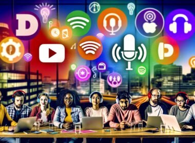 Titelbild mit diversen jungen Digital-Creator an einem Tisch mit moderner Podcast-Ausrüstung, umgeben von Icons führender Podcast-Plattformen und dem Text ‚Podcast-Strategie 2025: SEO, Sichtbarkeit & Wachstum‘ im energiegeladenen Urban-Stil.