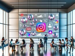 Moderne, minimalistische Redaktion mit LED-Screen, Social Media Icons als Blasen, Datenströme, KPI-Grafiken, Menschen analysieren Analytics-Dashboard, Follower-Avatare und Bots im Hintergrund.