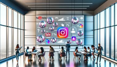 Moderne, minimalistische Redaktion mit LED-Screen, Social Media Icons als Blasen, Datenströme, KPI-Grafiken, Menschen analysieren Analytics-Dashboard, Follower-Avatare und Bots im Hintergrund.