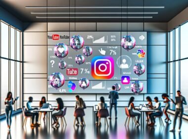 Moderne, minimalistische Redaktion mit LED-Screen, Social Media Icons als Blasen, Datenströme, KPI-Grafiken, Menschen analysieren Analytics-Dashboard, Follower-Avatare und Bots im Hintergrund.