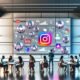 Moderne, minimalistische Redaktion mit LED-Screen, Social Media Icons als Blasen, Datenströme, KPI-Grafiken, Menschen analysieren Analytics-Dashboard, Follower-Avatare und Bots im Hintergrund.