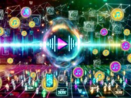Futuristisches digitales Kunstwerk mit Audiowelle, Blockchain-Symbolen, NFT-Icons, Musik-Token, Menschen mit Kopfhörern und Displays, umgeben von leuchtenden Datenströmen und klassischem Marketing im Web3-Stil.