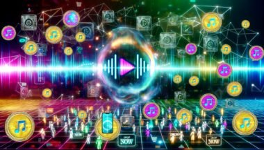 Futuristisches digitales Kunstwerk mit Audiowelle, Blockchain-Symbolen, NFT-Icons, Musik-Token, Menschen mit Kopfhörern und Displays, umgeben von leuchtenden Datenströmen und klassischem Marketing im Web3-Stil.