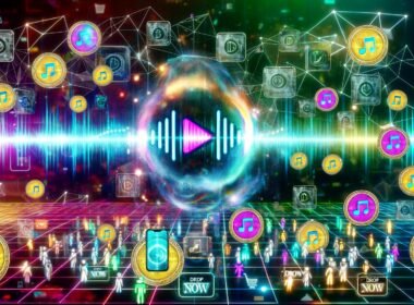 Futuristisches digitales Kunstwerk mit Audiowelle, Blockchain-Symbolen, NFT-Icons, Musik-Token, Menschen mit Kopfhörern und Displays, umgeben von leuchtenden Datenströmen und klassischem Marketing im Web3-Stil.