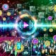 Futuristisches digitales Kunstwerk mit Audiowelle, Blockchain-Symbolen, NFT-Icons, Musik-Token, Menschen mit Kopfhörern und Displays, umgeben von leuchtenden Datenströmen und klassischem Marketing im Web3-Stil.