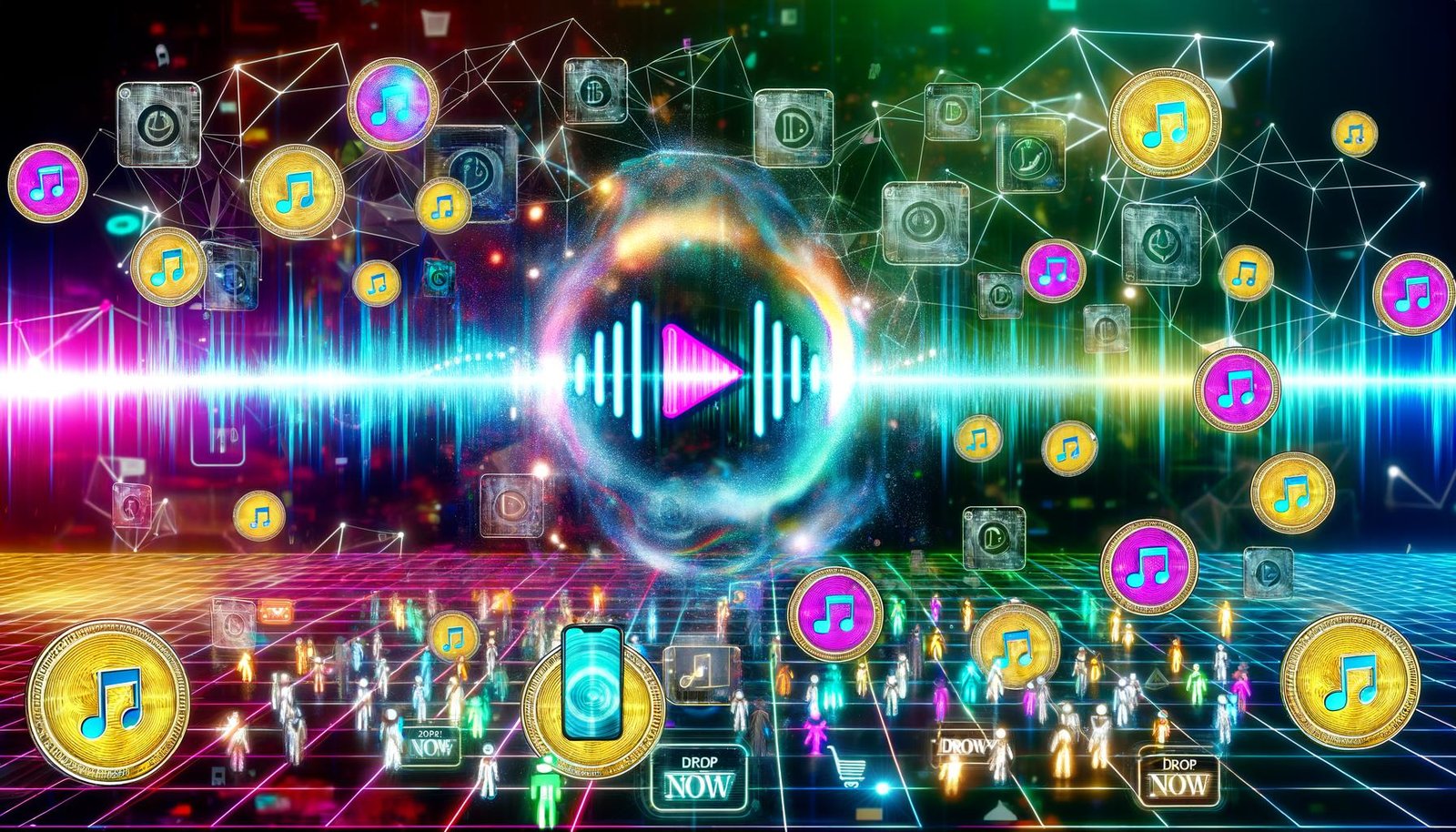 Futuristisches digitales Kunstwerk mit Audiowelle, Blockchain-Symbolen, NFT-Icons, Musik-Token, Menschen mit Kopfhörern und Displays, umgeben von leuchtenden Datenströmen und klassischem Marketing im Web3-Stil.