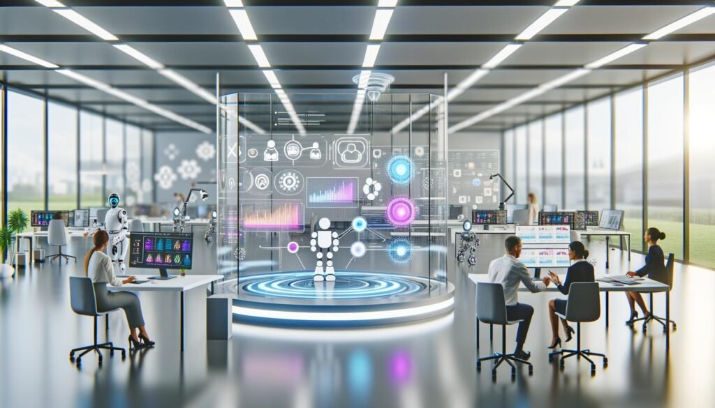Futuristisches Großraumbüro mit Team am holografischen Dashboard, KI-gesteuerten Robotern, gläsernen Servern und digitalen Social-Media-Projektionen
