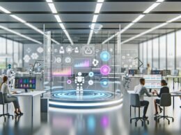 Futuristisches Großraumbüro mit Team am holografischen Dashboard, KI-gesteuerten Robotern, gläsernen Servern und digitalen Social-Media-Projektionen