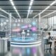 Futuristisches Großraumbüro mit Team am holografischen Dashboard, KI-gesteuerten Robotern, gläsernen Servern und digitalen Social-Media-Projektionen
