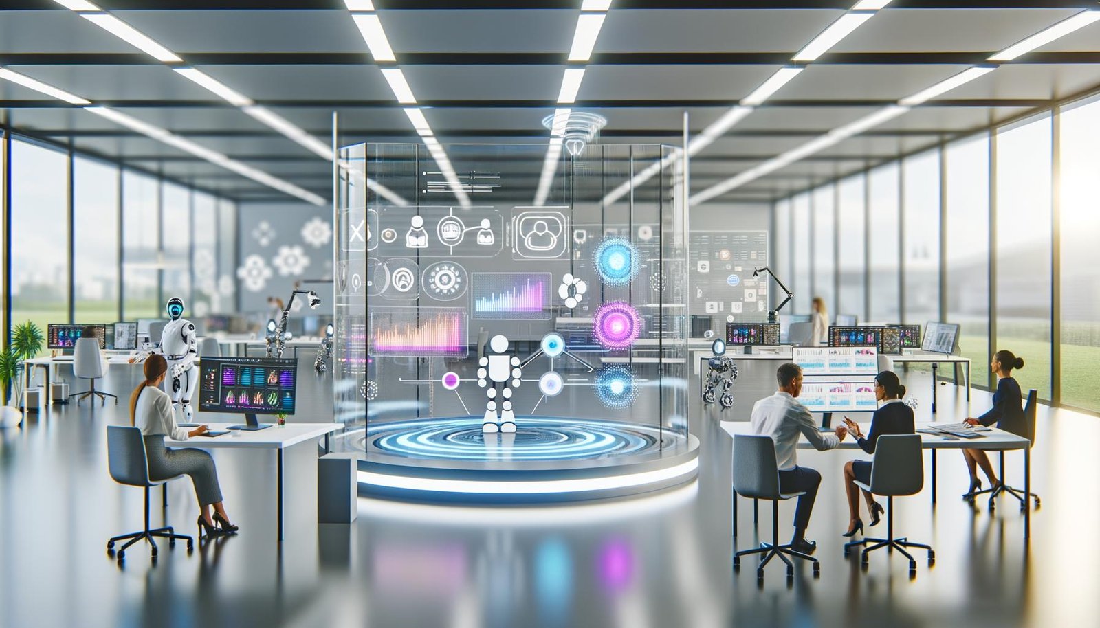 Futuristisches Großraumbüro mit Team am holografischen Dashboard, KI-gesteuerten Robotern, gläsernen Servern und digitalen Social-Media-Projektionen