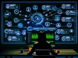 Digitales Dashboard im Dunkelmodus mit Social-Media- und E-Commerce-Analyse, Echtzeit-Datenwidgets und Marketer am Hightech-Arbeitsplatz vor animierten Charts.