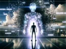 Ein Mensch steht vor einer riesigen, abstrakten KI-Gestalt aus leuchtenden Datenströmen und Algorithmen, umgeben von Medien-Schlagzeilen über die Gefahr künstlicher Intelligenz in einer urbanen, digitalen Kulisse.