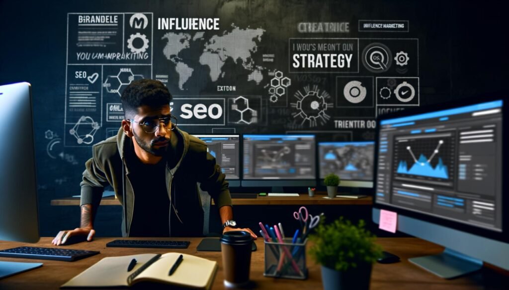 Junger Influencer Marketing Editor an modernen Monitoren mit Dashboards, Social Media, SEO-Statistiken und Notizen in einem urbanen, digital ausgerichteten Büro.