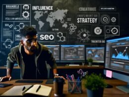 Junger Influencer Marketing Editor an modernen Monitoren mit Dashboards, Social Media, SEO-Statistiken und Notizen in einem urbanen, digital ausgerichteten Büro.