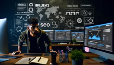Junger Influencer Marketing Editor an modernen Monitoren mit Dashboards, Social Media, SEO-Statistiken und Notizen in einem urbanen, digital ausgerichteten Büro.