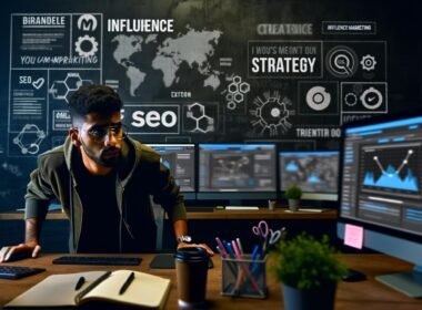 Junger Influencer Marketing Editor an modernen Monitoren mit Dashboards, Social Media, SEO-Statistiken und Notizen in einem urbanen, digital ausgerichteten Büro.