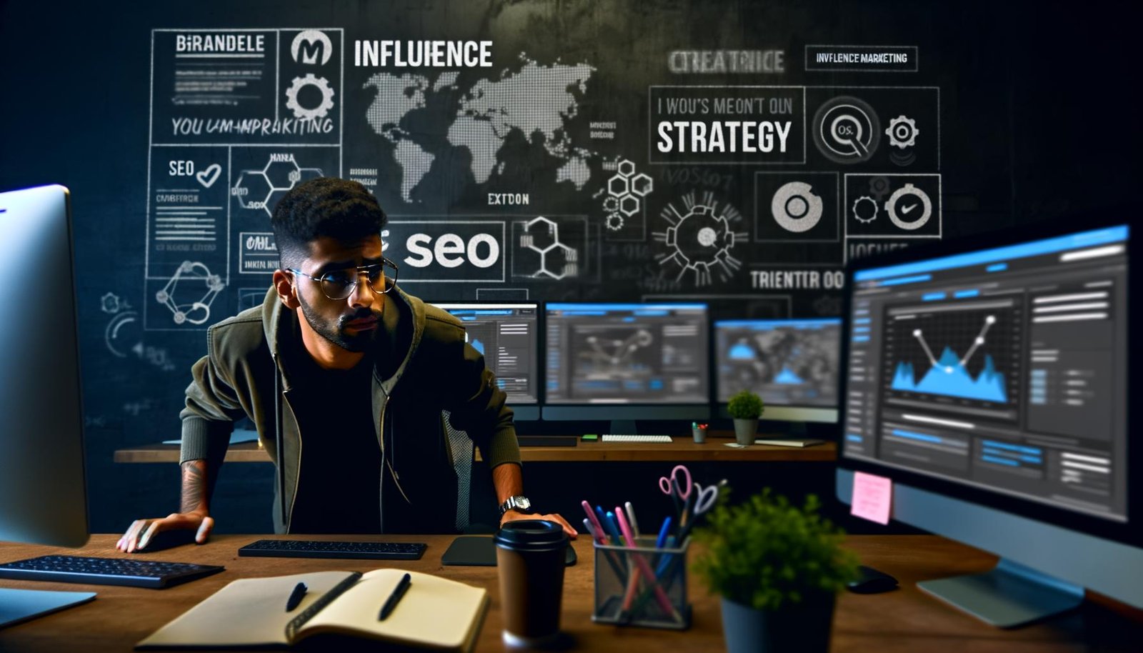 Junger Influencer Marketing Editor an modernen Monitoren mit Dashboards, Social Media, SEO-Statistiken und Notizen in einem urbanen, digital ausgerichteten Büro.