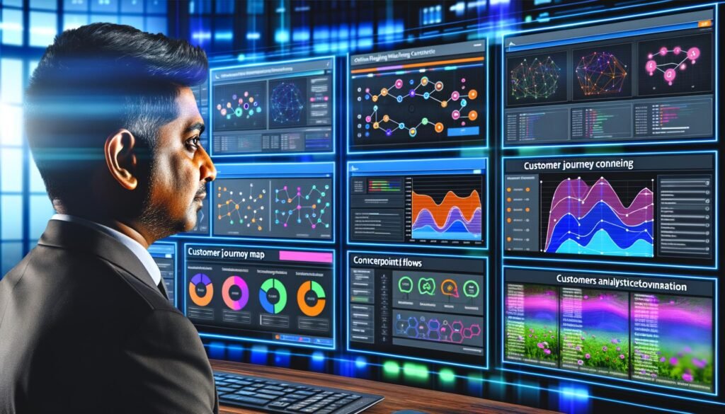 Online-Marketing-Manager arbeitet in modernem digitalen Control Center an mehreren Monitoren mit komplexen Dashboards, Journey Maps, KPI-Grafiken und Heatmaps.