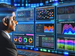 Online-Marketing-Manager arbeitet in modernem digitalen Control Center an mehreren Monitoren mit komplexen Dashboards, Journey Maps, KPI-Grafiken und Heatmaps.