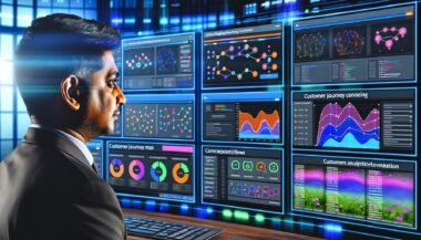 Online-Marketing-Manager arbeitet in modernem digitalen Control Center an mehreren Monitoren mit komplexen Dashboards, Journey Maps, KPI-Grafiken und Heatmaps.