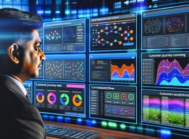 Online-Marketing-Manager arbeitet in modernem digitalen Control Center an mehreren Monitoren mit komplexen Dashboards, Journey Maps, KPI-Grafiken und Heatmaps.