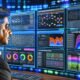 Online-Marketing-Manager arbeitet in modernem digitalen Control Center an mehreren Monitoren mit komplexen Dashboards, Journey Maps, KPI-Grafiken und Heatmaps.