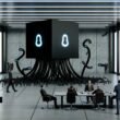 Futuristisches düsteres Büro mit schwarzer KI-Box, algorithmischen Tentakeln, greifenden Daten und angespannten Managern, Politikern sowie Maschinenfiguren am Konferenztisch