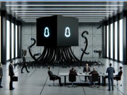 Futuristisches düsteres Büro mit schwarzer KI-Box, algorithmischen Tentakeln, greifenden Daten und angespannten Managern, Politikern sowie Maschinenfiguren am Konferenztisch