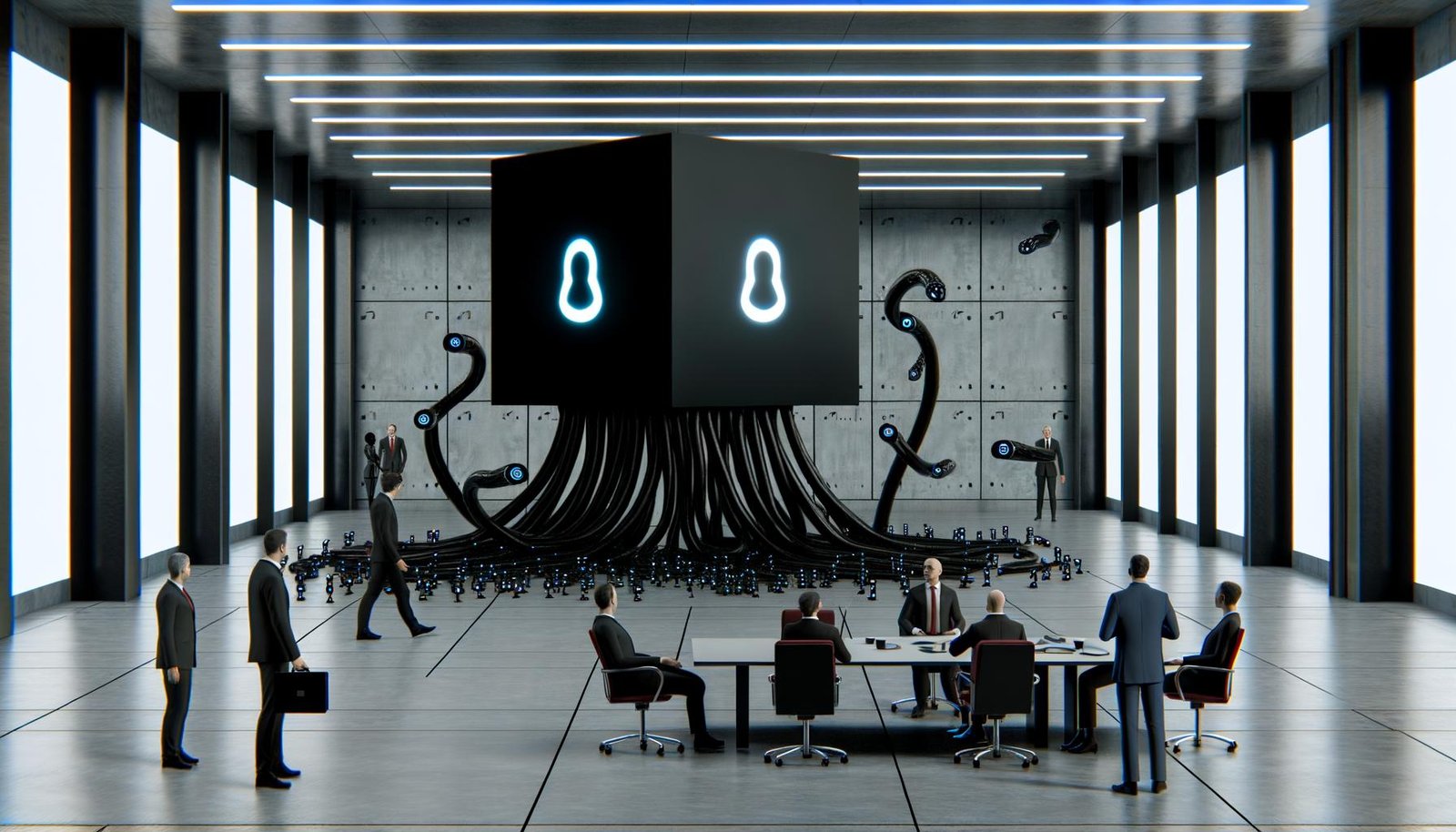 Futuristisches düsteres Büro mit schwarzer KI-Box, algorithmischen Tentakeln, greifenden Daten und angespannten Managern, Politikern sowie Maschinenfiguren am Konferenztisch