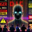 Bedrohliche KI-Silhouette halb Mensch, halb Maschine, hinter digitalen Datenströmen mit Warnbegriffen wie 'Gefahr' und 'Risiko', verschwommener Code und Social-Media-Icons im Hintergrund, Menschen in Businesskleidung mit VR-Brillen im Vordergrund.