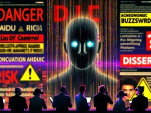 Bedrohliche KI-Silhouette halb Mensch, halb Maschine, hinter digitalen Datenströmen mit Warnbegriffen wie 'Gefahr' und 'Risiko', verschwommener Code und Social-Media-Icons im Hintergrund, Menschen in Businesskleidung mit VR-Brillen im Vordergrund.