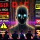 Bedrohliche KI-Silhouette halb Mensch, halb Maschine, hinter digitalen Datenströmen mit Warnbegriffen wie 'Gefahr' und 'Risiko', verschwommener Code und Social-Media-Icons im Hintergrund, Menschen in Businesskleidung mit VR-Brillen im Vordergrund.