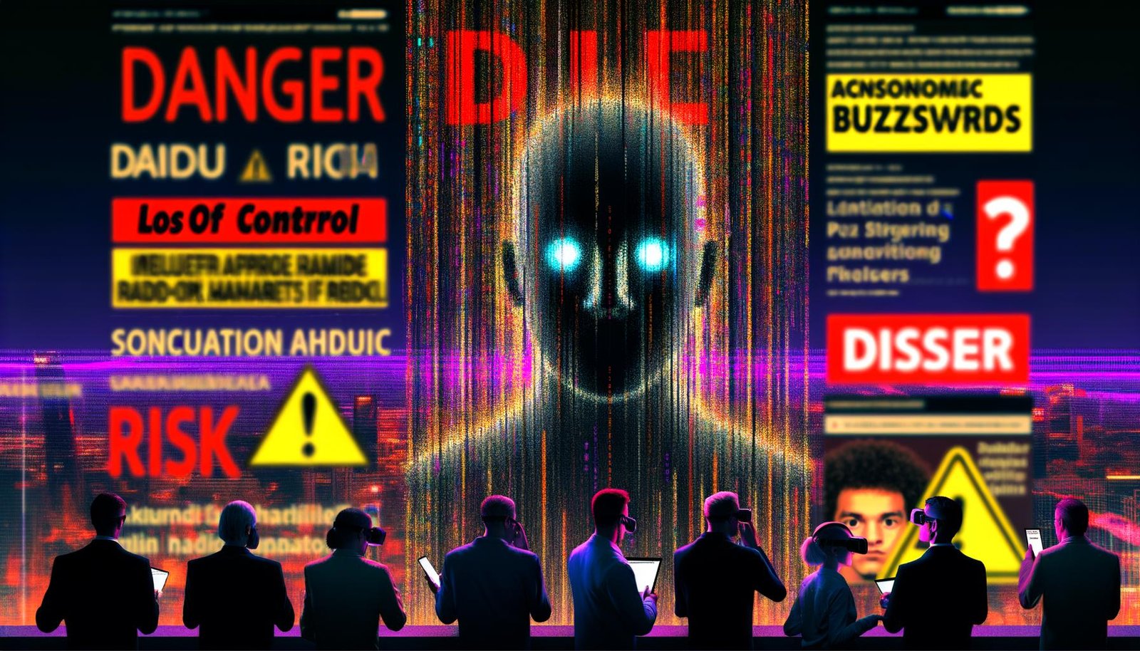 Bedrohliche KI-Silhouette halb Mensch, halb Maschine, hinter digitalen Datenströmen mit Warnbegriffen wie 'Gefahr' und 'Risiko', verschwommener Code und Social-Media-Icons im Hintergrund, Menschen in Businesskleidung mit VR-Brillen im Vordergrund.