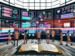 Illustration eines modernen digitalen Marketing-Büros mit großen Bildschirmen, fließenden Datenströmen zwischen verschiedenen Customer Touchpoints und einem Team, das gemeinsam mit KI ein Dashboard in Echtzeit steuert. Im Vordergrund liegen ein Notizbuch und eine Excel-Tabelle.