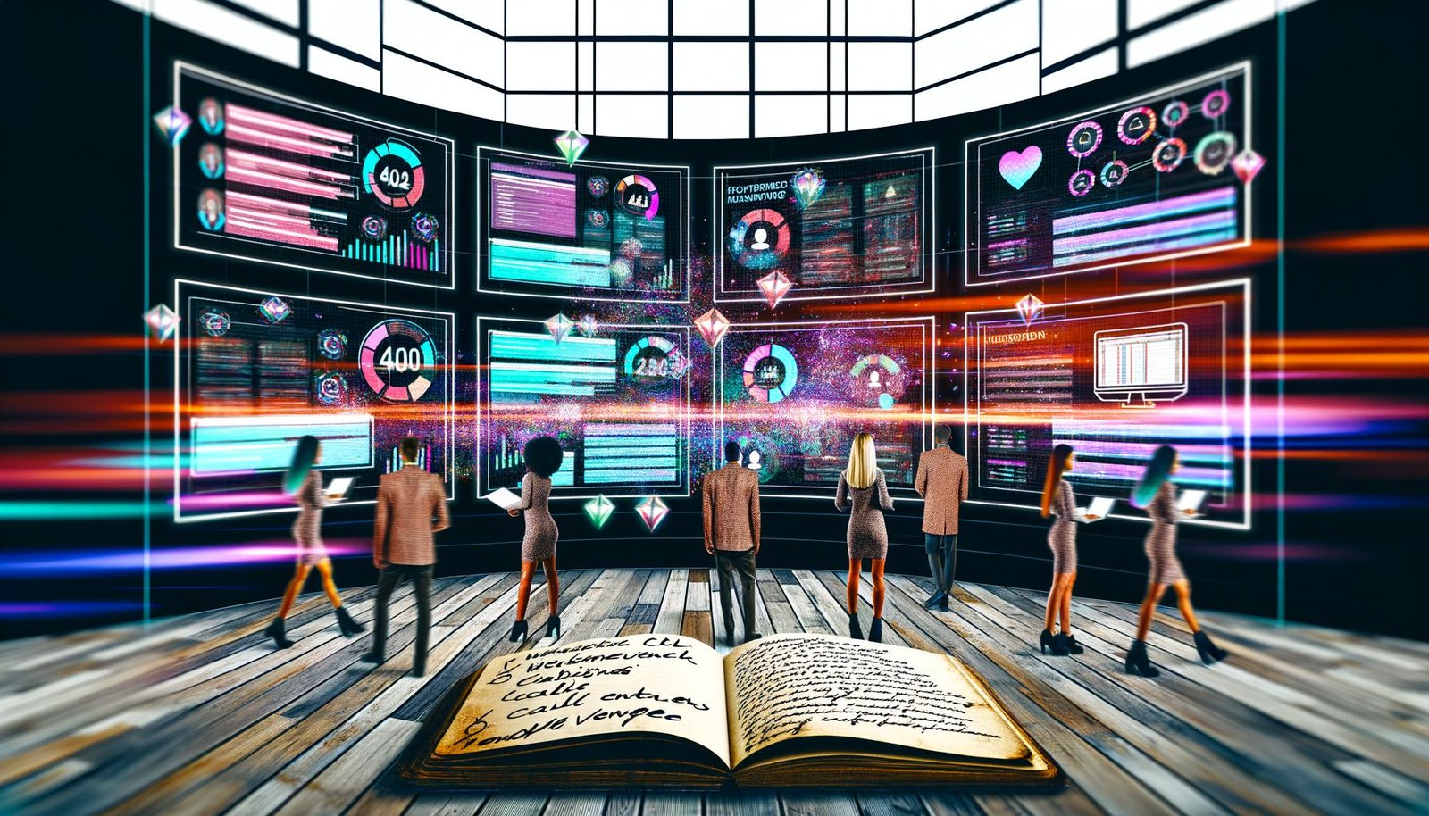 Illustration eines modernen digitalen Marketing-Büros mit großen Bildschirmen, fließenden Datenströmen zwischen verschiedenen Customer Touchpoints und einem Team, das gemeinsam mit KI ein Dashboard in Echtzeit steuert. Im Vordergrund liegen ein Notizbuch und eine Excel-Tabelle.