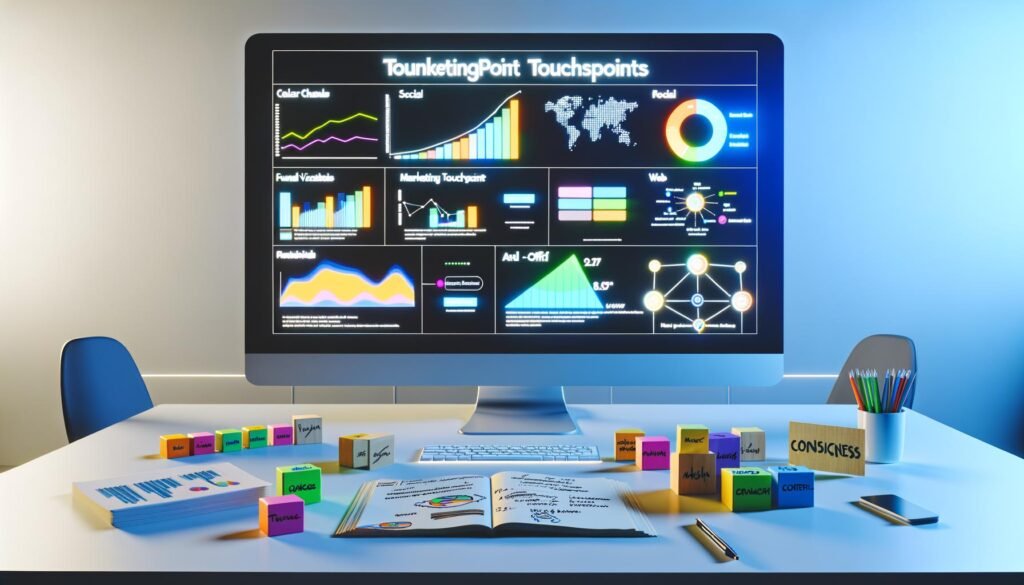 Minimalistisches Büro mit großem Bildschirm, der ein buntes Touchpoint-Analyse Dashboard mit Diagrammen und Kanälen wie Social, E-Mail, Web und Offline anzeigt. Auf dem Schreibtisch liegen Notizblöcke mit handschriftlichen Metriken.