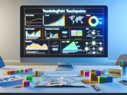 Minimalistisches Büro mit großem Bildschirm, der ein buntes Touchpoint-Analyse Dashboard mit Diagrammen und Kanälen wie Social, E-Mail, Web und Offline anzeigt. Auf dem Schreibtisch liegen Notizblöcke mit handschriftlichen Metriken.