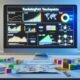 Minimalistisches Büro mit großem Bildschirm, der ein buntes Touchpoint-Analyse Dashboard mit Diagrammen und Kanälen wie Social, E-Mail, Web und Offline anzeigt. Auf dem Schreibtisch liegen Notizblöcke mit handschriftlichen Metriken.