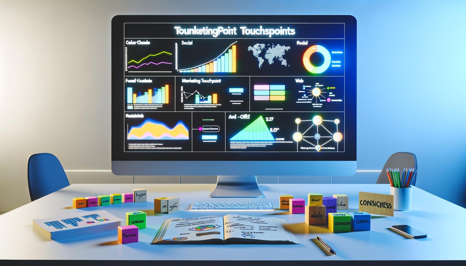 Minimalistisches Büro mit großem Bildschirm, der ein buntes Touchpoint-Analyse Dashboard mit Diagrammen und Kanälen wie Social, E-Mail, Web und Offline anzeigt. Auf dem Schreibtisch liegen Notizblöcke mit handschriftlichen Metriken.