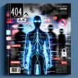 Düsteres Magazin-Titelbild mit abstrahierter KI-Silhouette, blau leuchtenden Datenströmen, zerbrochenen Datensätzen und Warnsymbolen vor verschwommenen Sci-Fi-Robotern.